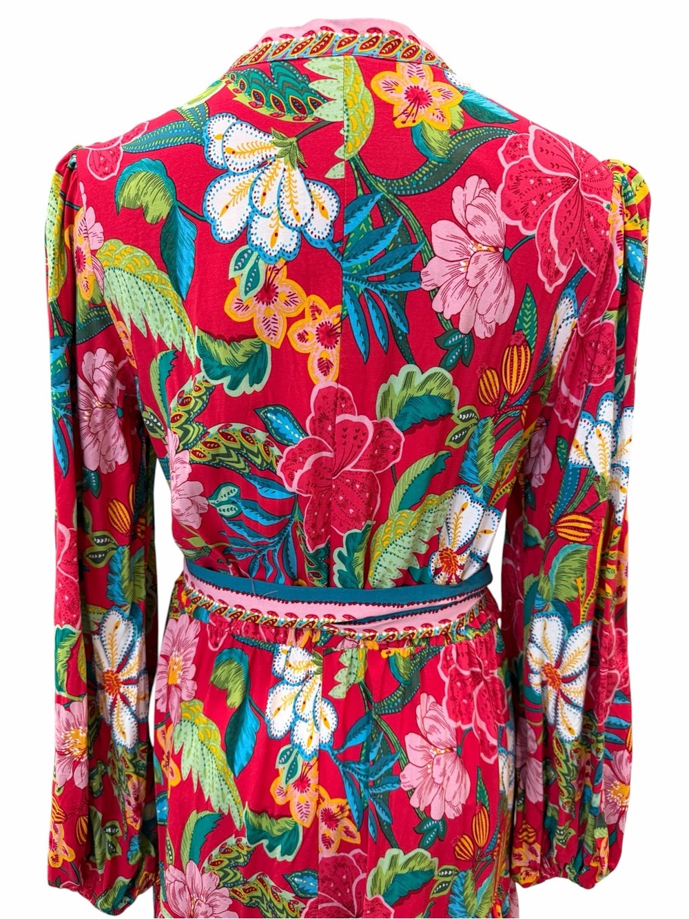 Adrianna Papell Tropical Floral Dress Tie Waist V Neck Long Sleeve Mini Red 8 - Picture 8 of 14